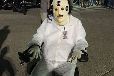 Sam Schmidt dressed as a crash test dummy as he visited the NHRA Paddock in Las Vegas