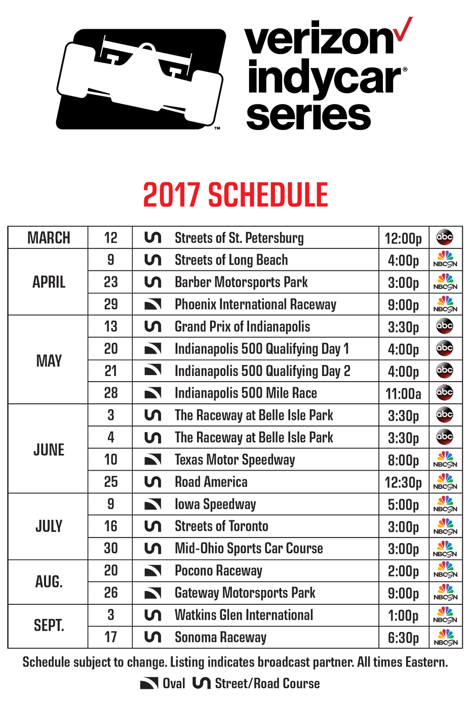 2017 Verizon IndyCar Series Television Broadcast Schedule