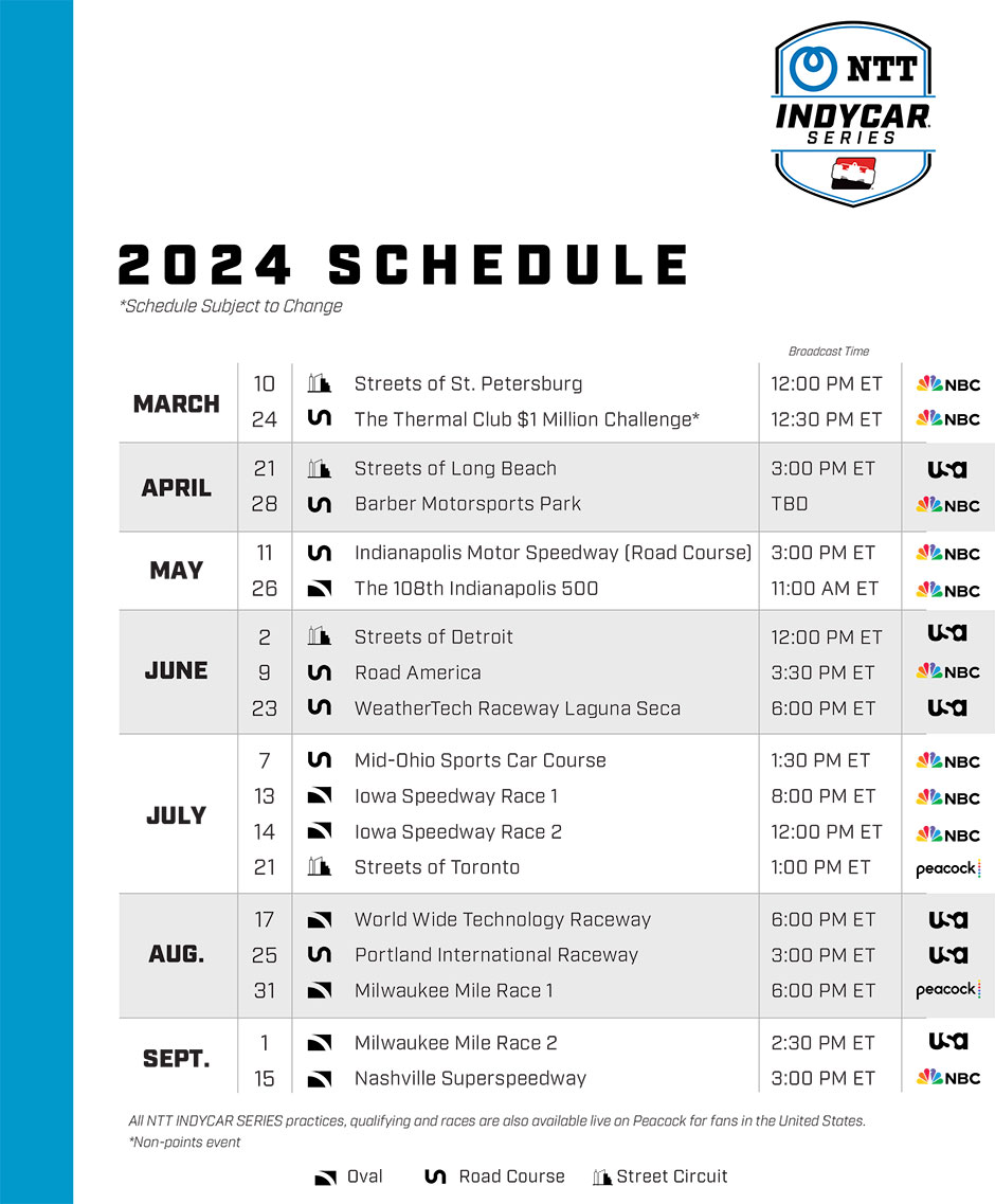 2024 NTT INDYCAR SERIES Schedule with Broadcast Times