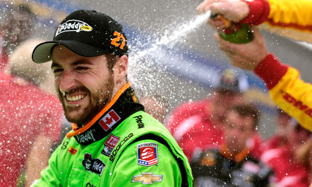 Champagne flies as James Hinchcliffe wins at Iowa Speedway