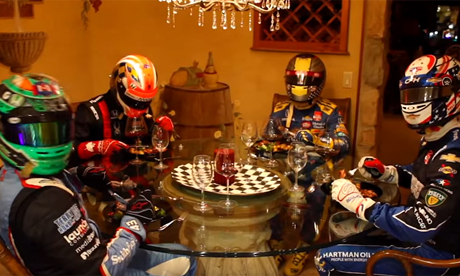 Drivers Conor Daly, James Hinchcliffe, Marco Andretti and Josef Newgarden sit around a table in a video.