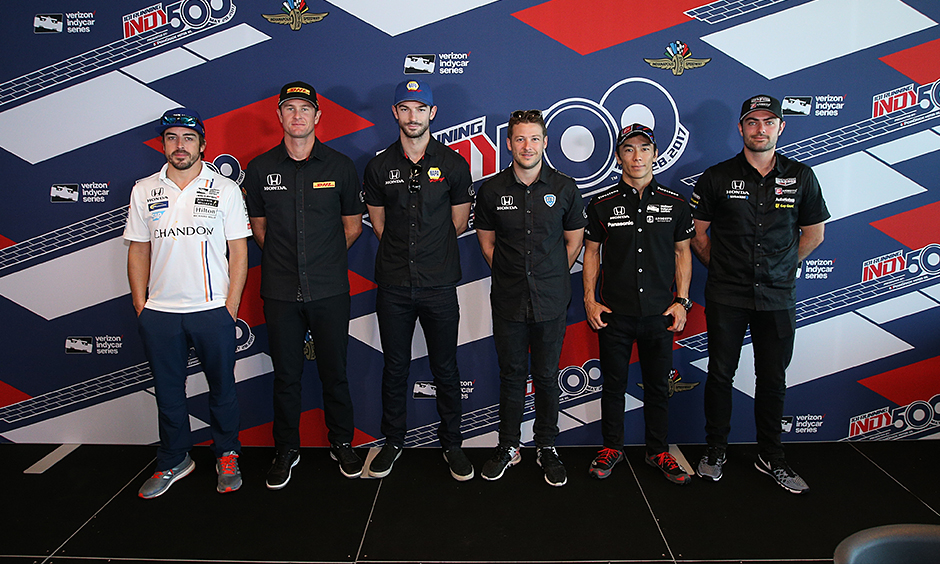 Fernando Alonso, Ryan Hunter-Reay, Alexander Rossi, Marco Andretti, Takuma Sato, and Jack Harvey