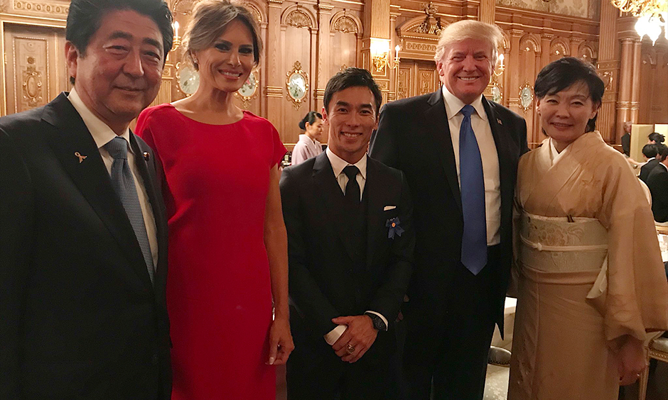 Takuma Sato with Prime Minister Shinzō Abe and President Donald Trump
