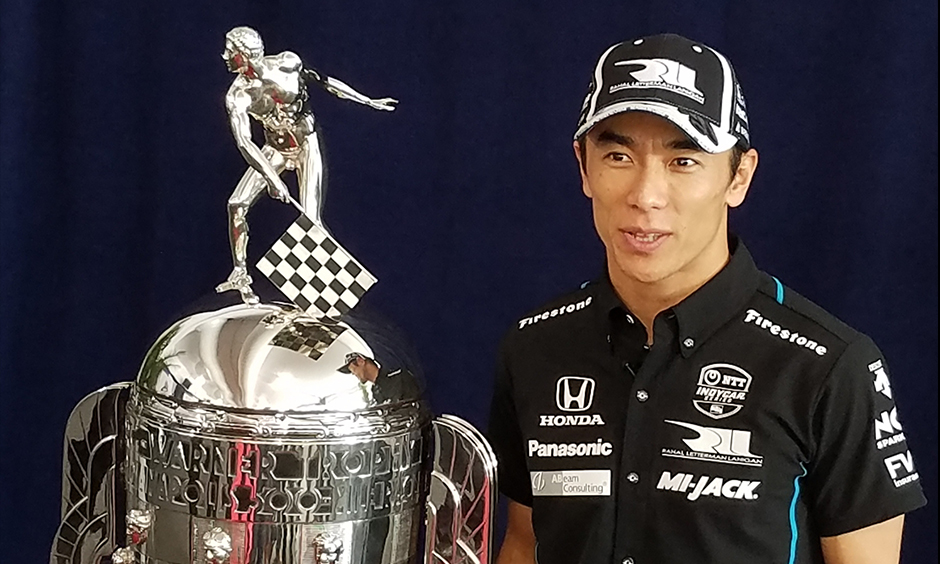Takuma Sato and Borg-Warner Trophy