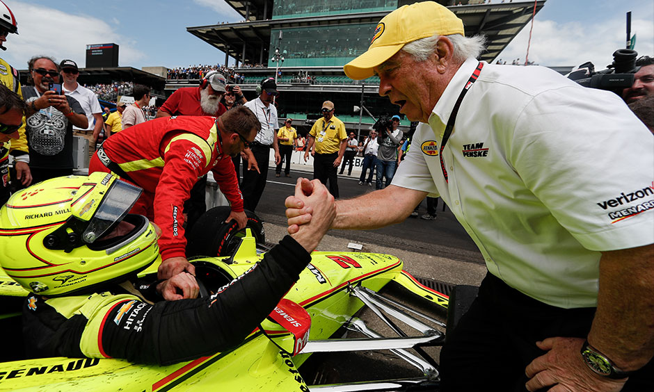 Roger Penske congratulates Simon Pagenaud Indy 500