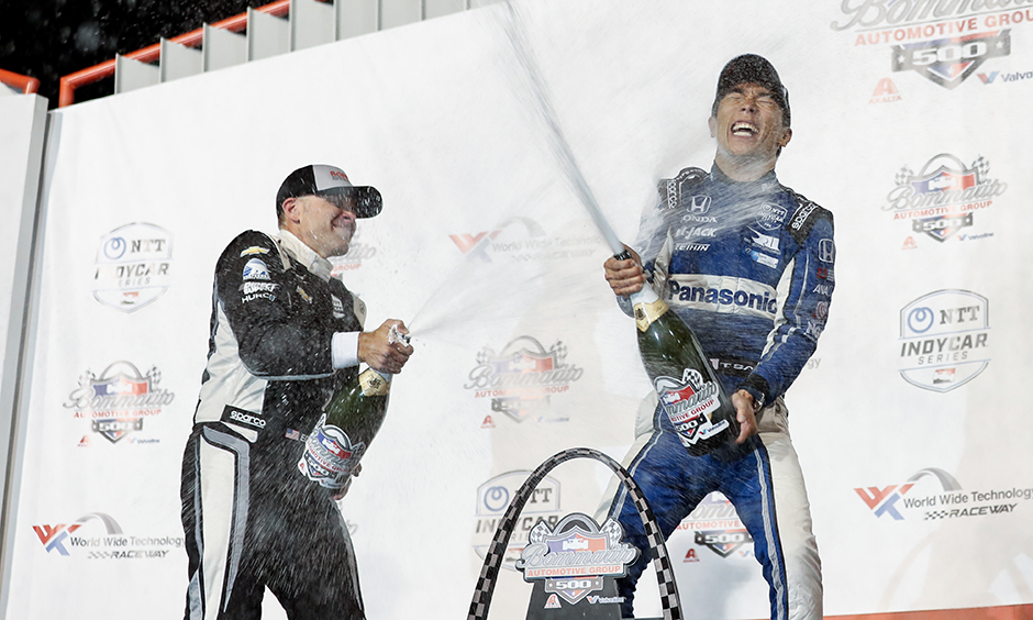 Takuma Sato celebrates his 2019 win at World Wide Technology Raceway