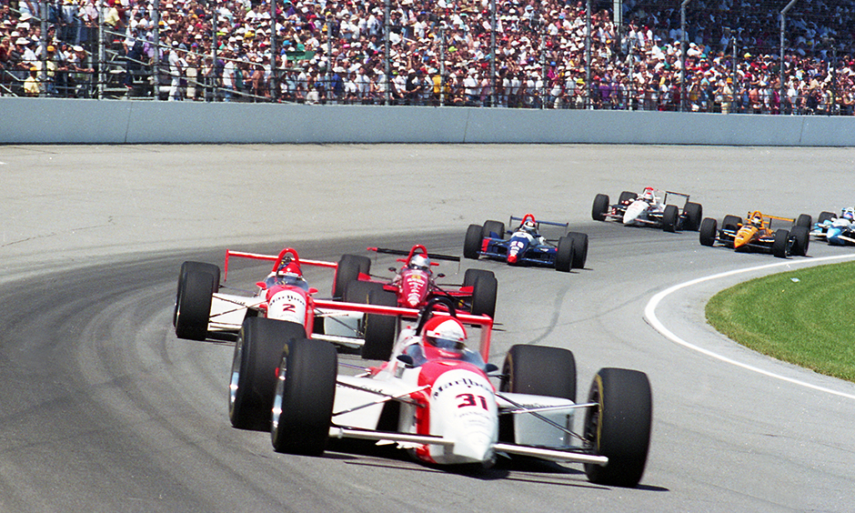 Al Unser Jr. leading Emerson Fittipaldi in 1994 Indy 500.