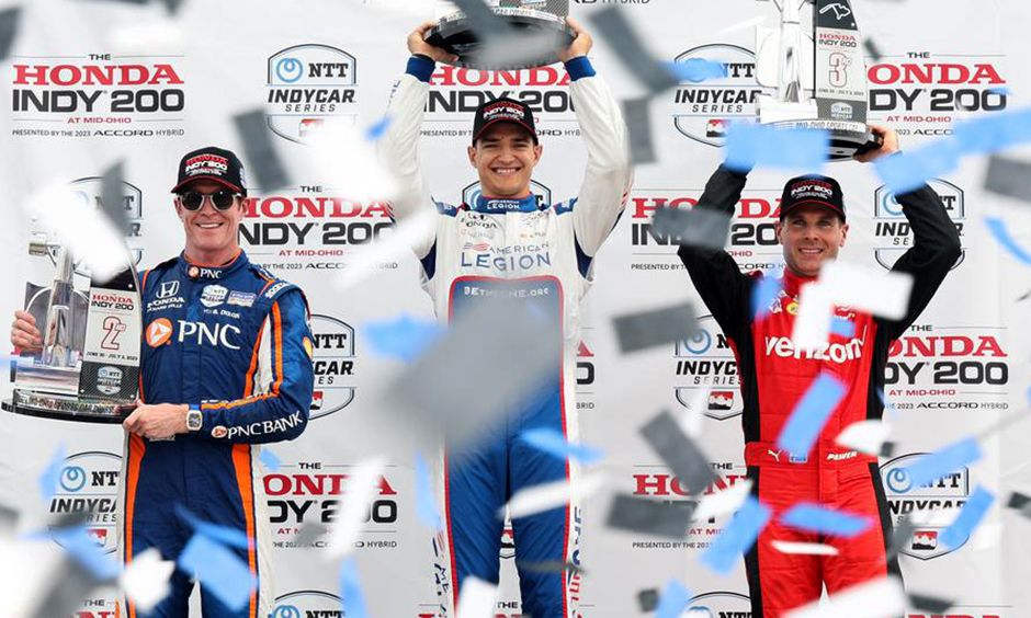 Scott Dixon, Alex Palou and Will Power on the podium at Mid-Ohio in 2023.