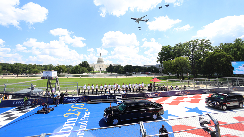 Presidential limousine and flyover