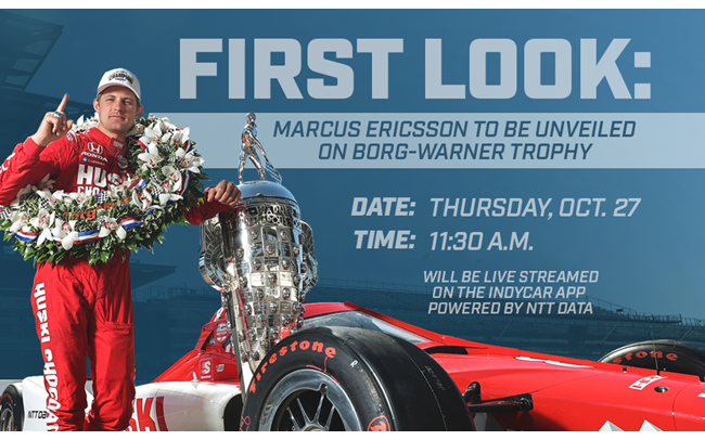 First Look: Marcus Ericsson Unveiling On Borg-Warner Trophy